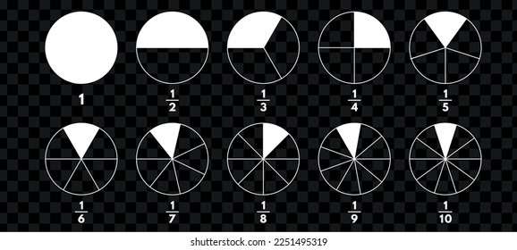 Fractions pie divided for math. Circle pie with pieces. Segment slice set. Simple geometry. Vector isolated illustration