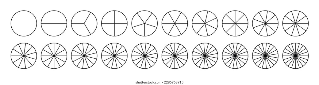 Corta de fracciones dividida para matemáticas. Círculo con pedazos. Conjunto de segmentos. Geometría simple. Ilustración aislada del vector