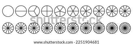 Fractions pie divided for math. Circle pie with pieces. Segment slice set. Simple geometry. Vector isolated illustration