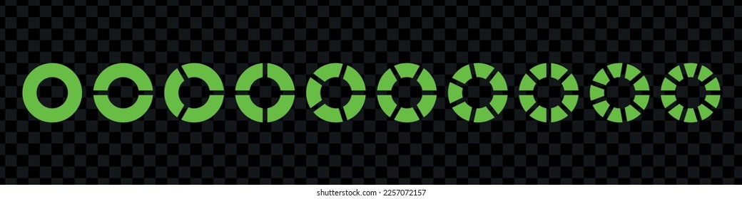 Corta de fracciones dividida para matemáticas. Círculo verde con trozos. Conjunto de segmentos. Geometría simple. Ilustración aislada del vector