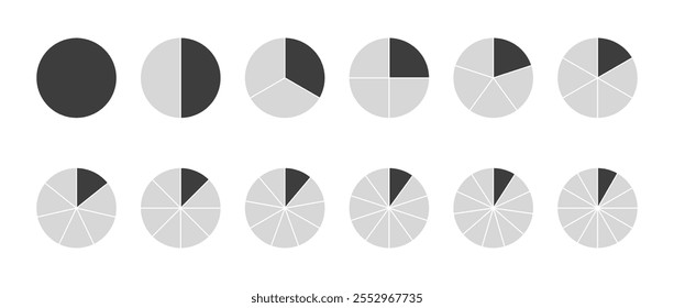 Fractions Pie Geometry Mathematische Vektorgrafik. Einheitsfraktion. Verhältnis und Teile. Ganze, eine Hälfte, halb, Hälften, Viertel, Drittel, Sechste, Achte, Neunte, Zehnte, Elfte, Zwölfte Scheiben, Stücke.