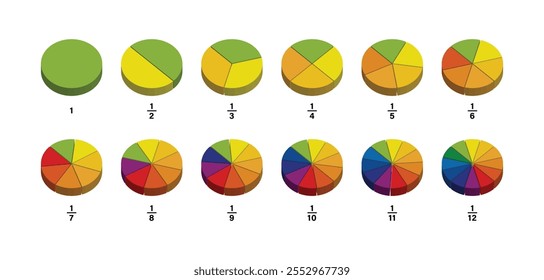 Ilustração Matemática De Vetor De Geometria De Pizza De Frações. Fração da Unidade. Razão e partes. Inteiro, meio, meio, metades, quarto, terceiro, sexto, oitavo, nono, décimo, décimo primeiro, décimo segundo fatias, peças.