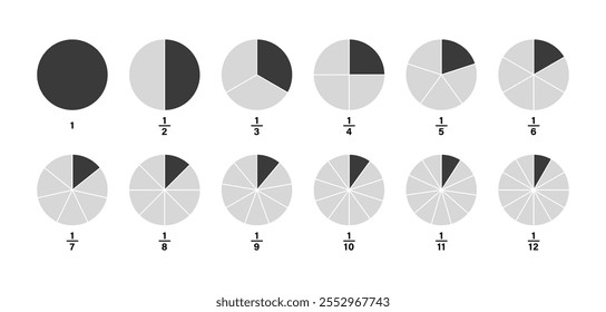 Fractions Pie Geometry Mathematische Vektorgrafik. Einheitsfraktion. Verhältnis und Teile. Ganze, eine Hälfte, halb, Hälften, Viertel, Drittel, Sechste, Achte, Neunte, Zehnte, Elfte, Zwölfte Scheiben, Stücke.