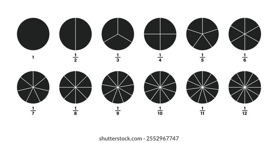 Fractions Pie Geometry Mathematische Vektorgrafik. Einheitsfraktion. Verhältnis und Teile. Ganze, eine Hälfte, halb, Hälften, Viertel, Drittel, Sechste, Achte, Neunte, Zehnte, Elfte, Zwölfte Scheiben, Stücke.