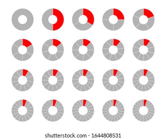 Fracciones iconos vectoriales. Círculos de gráfico circular