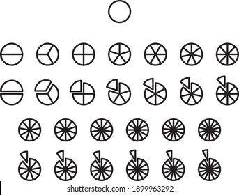 Fractions vector icons. Pie chart line circles