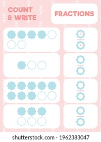 Fractions worksheet, math practice print page. Count and write.