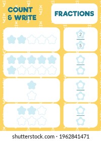 Fractions worksheet, math practice print page. Count and write.