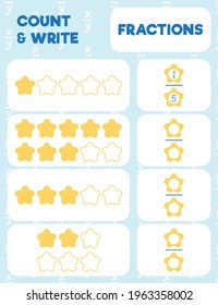 Fractions worksheet, math practice print page. Count and write.