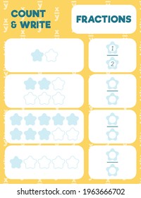 Fractions worksheet, math practice print page. Count and write.