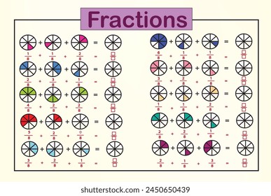 Feuilles de calcul Fractions. Jeu de maths pour les enfants d'âge préscolaire et scolaire.