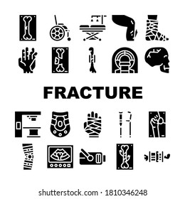 Fracture Accident Collection Icons Set Vector. Bone And Hand, Leg And Skull Fracture Trauma, Hospital Treatment Equipment And Rehabilitation Tool Concept Linear Pictograms. Contour Illustrations