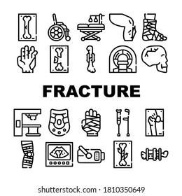 Fracture Accident Collection Icons Set Vector. Bone And Hand, Leg And Skull Fracture Trauma, Hospital Treatment Equipment And Rehabilitation Tool Concept Linear Pictograms. Contour Illustrations