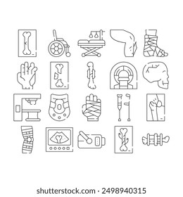 Fracture Accident Collection Icons Set Vector. Bone And Hand, Leg And Skull Fracture Trauma, Hospital Treatment Equipment And Rehabilitation Tool Black Contour Illustrations