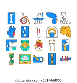 Fracture Accident Collection Icons Set Vector. Bone And Hand, Leg And Skull Fracture Trauma, Hospital Treatment Equipment And Rehabilitation Tool color Contour Illustrations