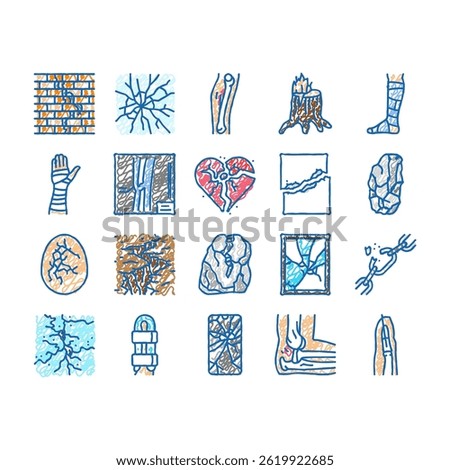 fracture bone break injury doodle icons set vector. healing cast, splint pain, trauma orthopedic ray, diagnosis, treatment, recovery fracture bone break injury sketch hand drawn