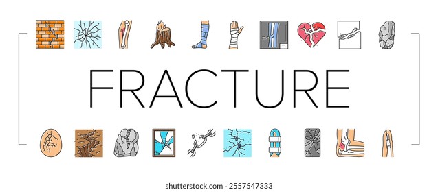 fracture bone break injury icons set vector. healing cast, splint pain, trauma orthopedic ray, diagnosis, treatment, recovery fracture bone break injury color line illustrations