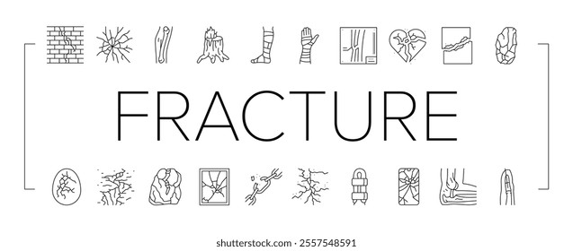 fracture bone break injury icons set vector. healing cast, splint pain, trauma orthopedic ray, diagnosis, treatment, recovery fracture bone break injury black contour illustrations