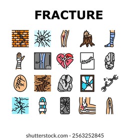 fracture bone break injury icons set vector. healing cast, splint pain, trauma orthopedic ray, diagnosis, treatment, recovery fracture bone break injury color line illustrations