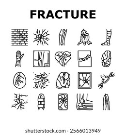 fracture bone break injury icons set vector. healing cast, splint pain, trauma orthopedic ray, diagnosis, treatment, recovery fracture bone break injury black contour illustrations