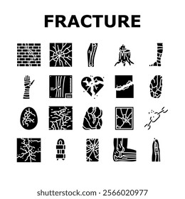 fracture bone break injury icons set vector. healing cast, splint pain, trauma orthopedic ray, diagnosis, treatment, recovery fracture bone break injury glyph pictogram Illustrations