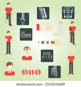 fracture bone flat icons set