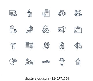 Fracture, Child, Accident, Funeral, Heart insurance, Vehicle repair, bank safe, Family Care, Robbery, Protection, Moving insurance outline vector icons from 20 set