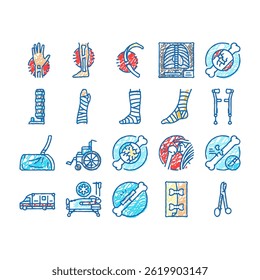 fracture injury bone break doodle icons set vector. trauma healing, cast pain, recovery splint, orthopedic x ray, dislocation fracture injury bone break sketch hand drawn