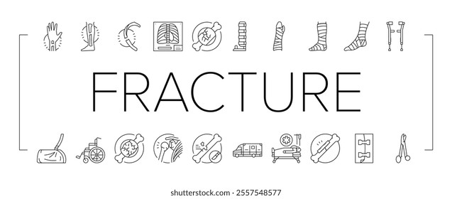 fracture injury bone break icons set vector. trauma healing, cast pain, recovery splint, orthopedic x ray, dislocation fracture injury bone break black contour illustrations