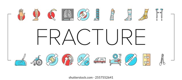 fracture injury bone break icons set vector. trauma healing, cast pain, recovery splint, orthopedic x ray, dislocation fracture injury bone break color line illustrations