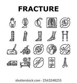 fracture injury bone break icons set vector. trauma healing, cast pain, recovery splint, orthopedic x ray, dislocation fracture injury bone break black contour illustrations