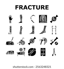 fracture injury bone break icons set vector. trauma healing, cast pain, recovery splint, orthopedic x ray, dislocation fracture injury bone break glyph pictogram Illustrations