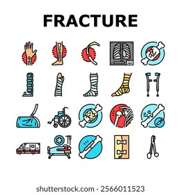 fracture injury bone break icons set vector. trauma healing, cast pain, recovery splint, orthopedic x ray, dislocation fracture injury bone break color line illustrations