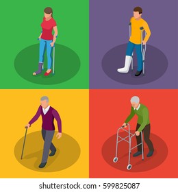 Fracture of leg or leg injury. Young and old people in a gyse with crutches. Rehabilitation after trauma. Orthopedics and medicine. Flat 3d vector isometric illustration