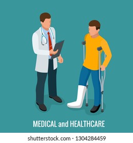 Fracture of the leg, sprain or tearing of the leg ligaments.Rehabilitation after trauma. Orthopedics and medicine. Isometric Vector illustration