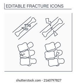 Zeilensymbole für die Fraktur eingestellt. Avulsion und Spirale, Kompressionsfraktur. Konzept der Gesundheitsversorgung. Einzige Vektorgrafiken. Bearbeitbarer Hub