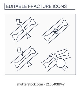 Fracture line icons set. Bone break. Oblique, comminuted, hairline and impacted fracture, Healthcare concept. Isolated vector illustration. Editable stroke
