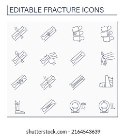 Fracture line icons set. Bone break. Different types of fracture. Diagnosis. Healthcare concept. Isolated vector illustration. Editable stroke