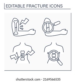 Fracture line icons set. Bone diagnostic and treatment. Healthcare concept. Isolated vector illustrations. Editable stroke