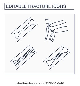 Fracture line icons set. Longitudinal, stress, torus fracture and metal plates. Healthcare concept. Isolated vector illustration. Editable stroke