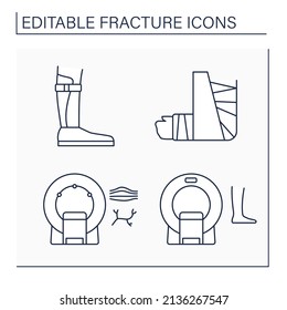 Fracture Line Icons Set. Plastic Functional Braces, MRI, CT, Plaster Casts. Healthcare Concept. Isolated Vector Illustration. Editable Stroke