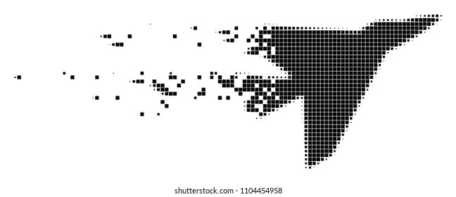 Fractured airplane intercepter dotted vector icon with disintegration effect. Square cells are combined into dissipated airplane intercepter form.