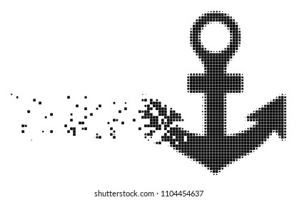Fractured anchor dot vector icon with disintegration effect. Rectangular pieces are combined into dispersed anchor shape. Pixel disappearing effect shows speed and motion of cyberspace things.