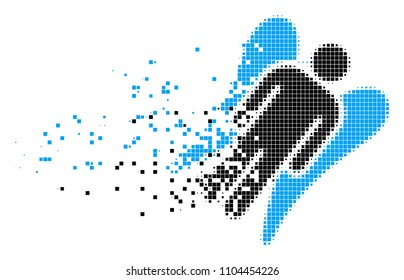 Fractured angel dot vector icon with disintegration effect. Rectangular fragments are combined into damaging angel form. Pixel dispersing effect shows speed and movement of cyberspace objects.