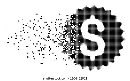 Fractured bank seal dotted vector icon with disintegration effect. Square cells are combined into disappearing bank seal shape. Pixel dust effect demonstrates speed and motion of cyberspace matter.
