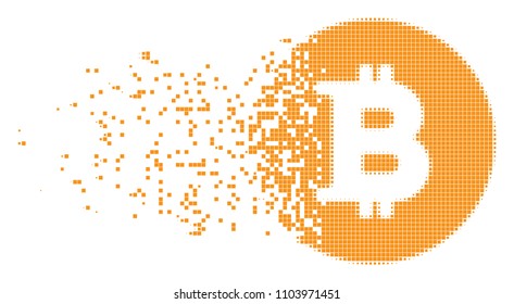Fractured Bitcoin coin dotted vector icon with disintegration effect. Rectangular pieces are arranged into damaging Bitcoin coin shape.