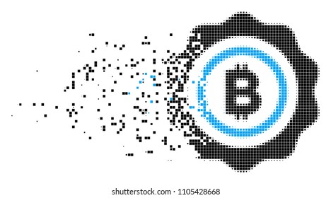 Fractured Bitcoin seal stamp dot vector icon with wind effect. Rectangle cells are arranged into dissipated Bitcoin seal stamp form.