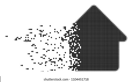 Fractured cabin dot vector icon with disintegration effect. Rectangular elements are organized into dissipated cabin figure.