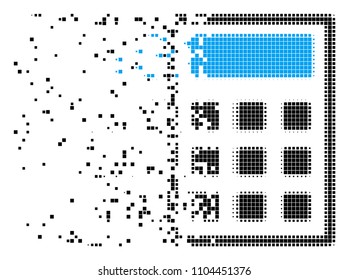 Fractured calculator dotted vector icon with disintegration effect. Rectangle elements are combined into damaging calculator form.