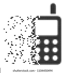 Fractured cell phone dot vector icon with disintegration effect. Rectangular elements are combined into disappearing cell phone form.